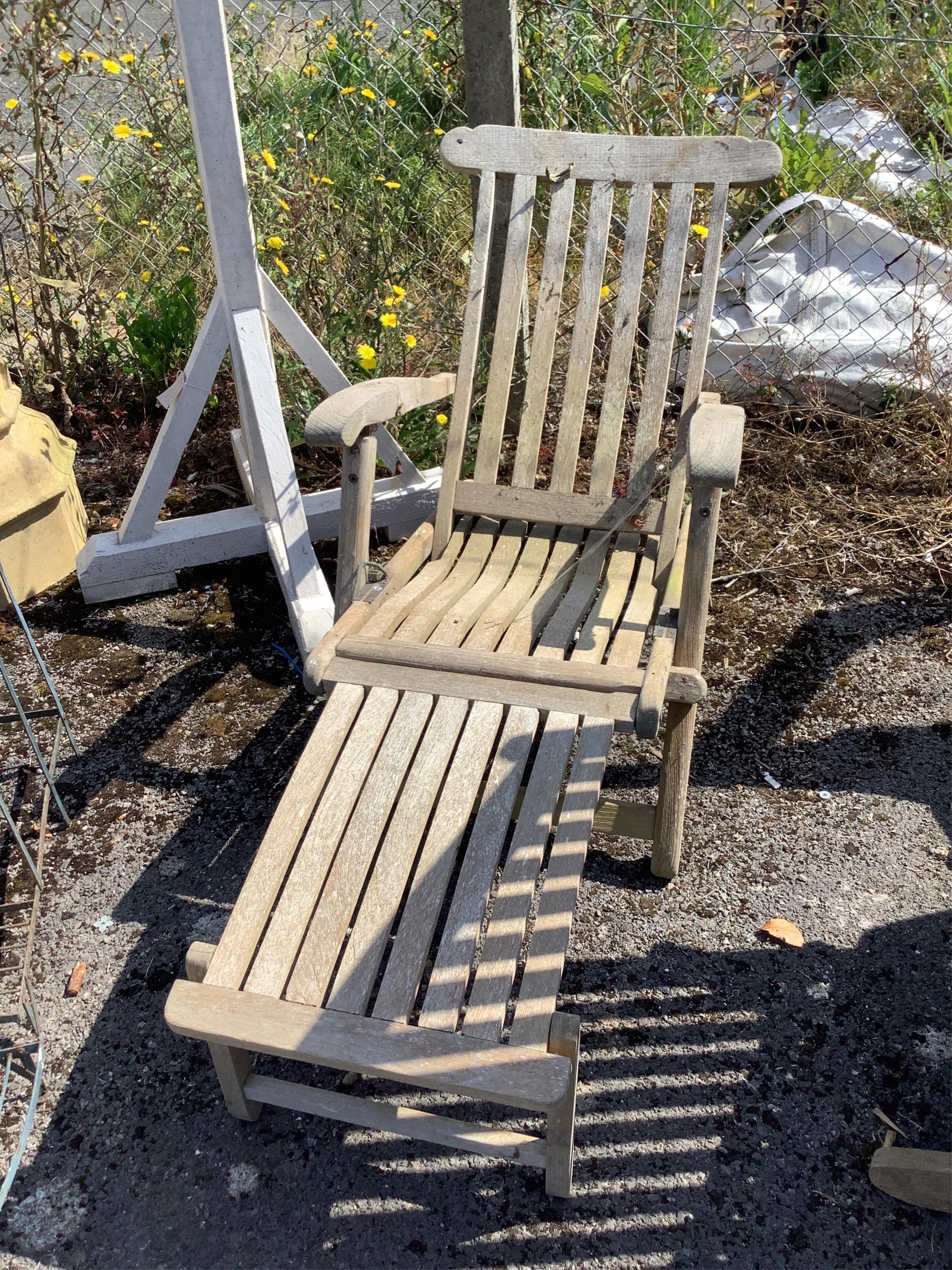 Two weathered teak folding garden steamer chairs, (one a.f.). Condition - poor